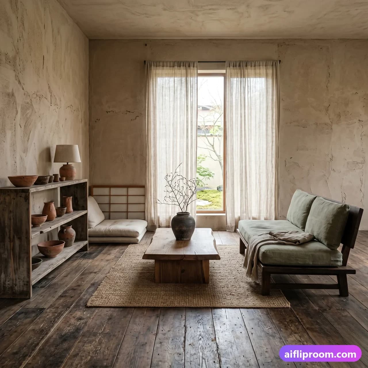 Wabi-Sabi Wabi-sabi interior design — imperfect beauty, weathered natural materials, AI-generated visualization