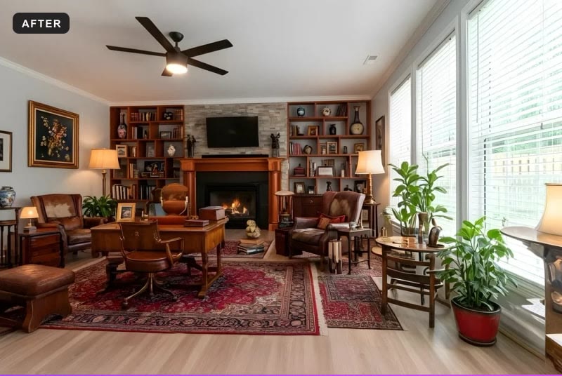 The same living room virtually staged in a traditional style: a wooden writing desk, leather armchairs, an oriental rug, table lamps and plants; the two windows and ceiling fan unchanged.