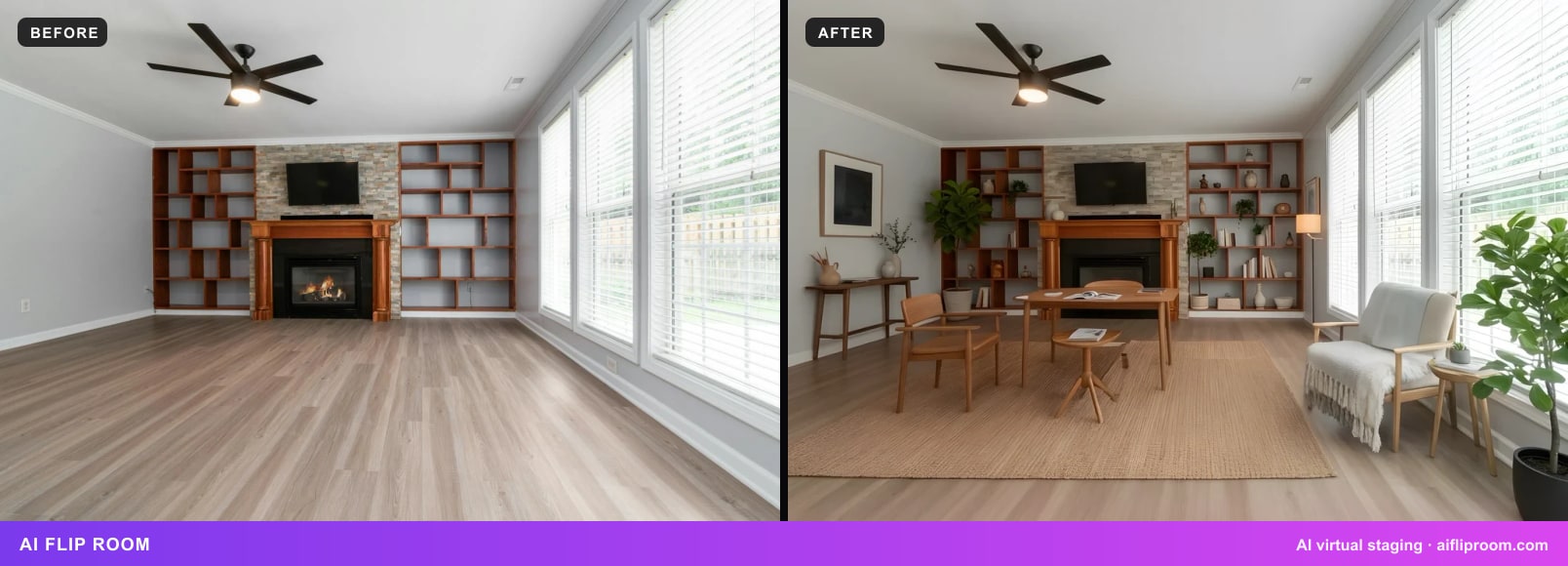 The same empty living room before and after virtual staging: fireplace, shelving, windows and ceiling fan unchanged; only furniture, a rug and plants added.