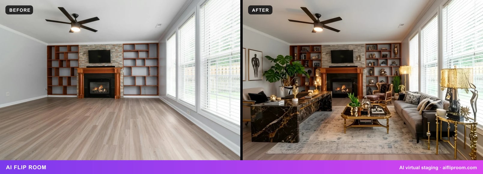 The same empty living room before and after virtual staging in a warm luxury style: ceiling fan, crown moulding, stone fireplace, built-in shelving and both windows unchanged; only furniture, lamps, art, plants and decor added.