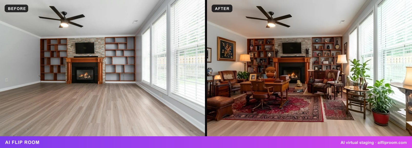 Before and after: the same empty living room, then virtually staged in a traditional style. Fireplace, stone surround, built-in shelving, windows and ceiling fan unchanged; only furniture, a rug, lamps, art and plants added.