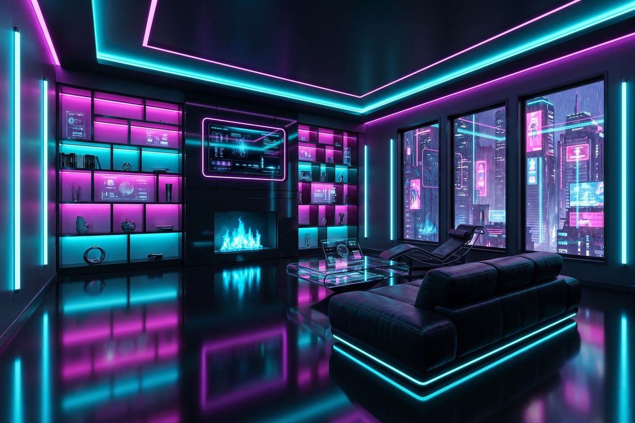 A cyberpunk living room at night: a black ceiling traced with cyan and magenta neon, shelving backlit in pink and turquoise with glowing displays, a framed holographic screen above a blue-flame fireplace, a mirror-black floor reflecting everything, a black leather sofa floating on a cyan light strip, and floor-to-ceiling windows onto a neon megacity in the rain.