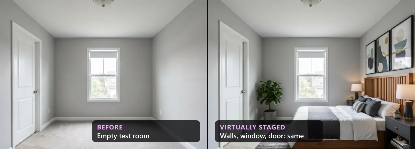 The same empty bedroom before and after virtual staging in a modern style: the door, the window with its roller shade, the ceiling light and the grey walls in the same place; a walnut bed, a nightstand, two lamps, three prints, a rug and a plant added.