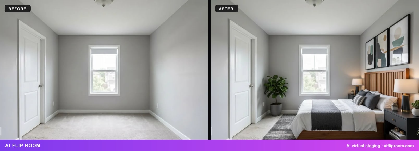 The same empty bedroom before and after virtual staging in a modern style: the door, the window with its roller shade, the ceiling light, the grey walls and the carpet unchanged; a bed with a slatted walnut headboard, black nightstands, two lamps, three framed prints, a striped rug and plants added.