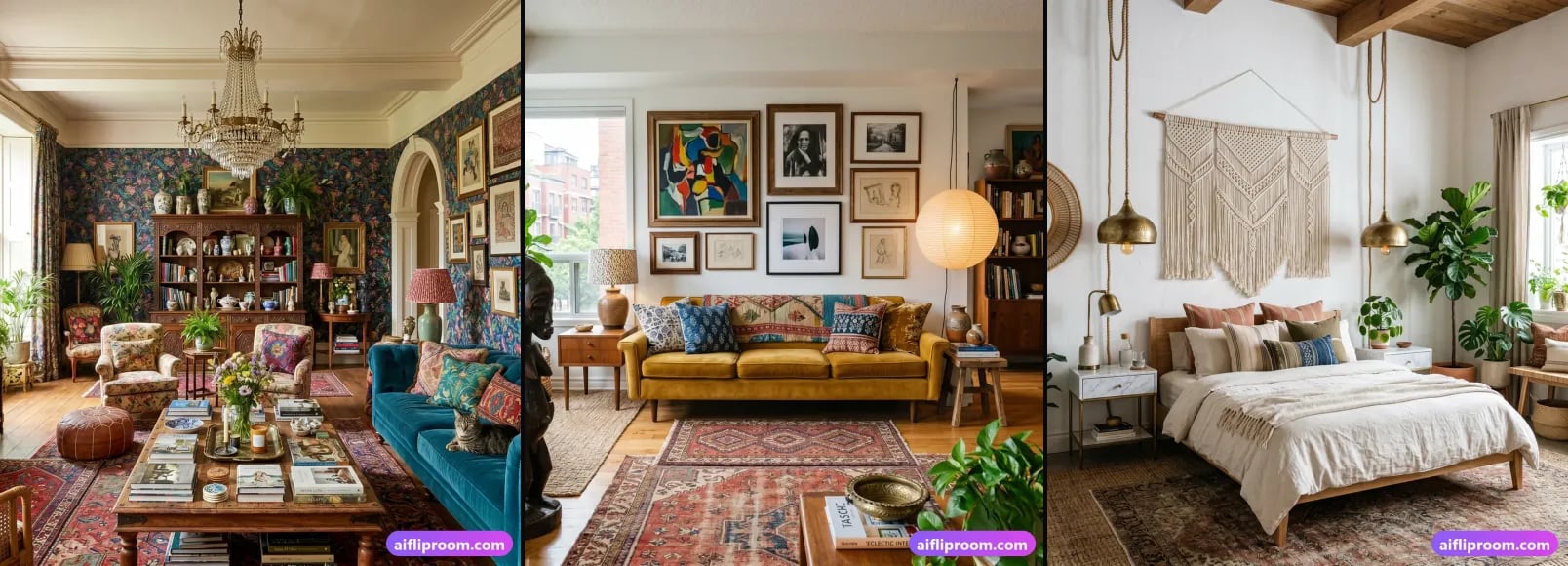 Three spaces from the AI Flip Room style library, side by side: a Maximalist room, an Eclectic room and a Boho Luxe room.