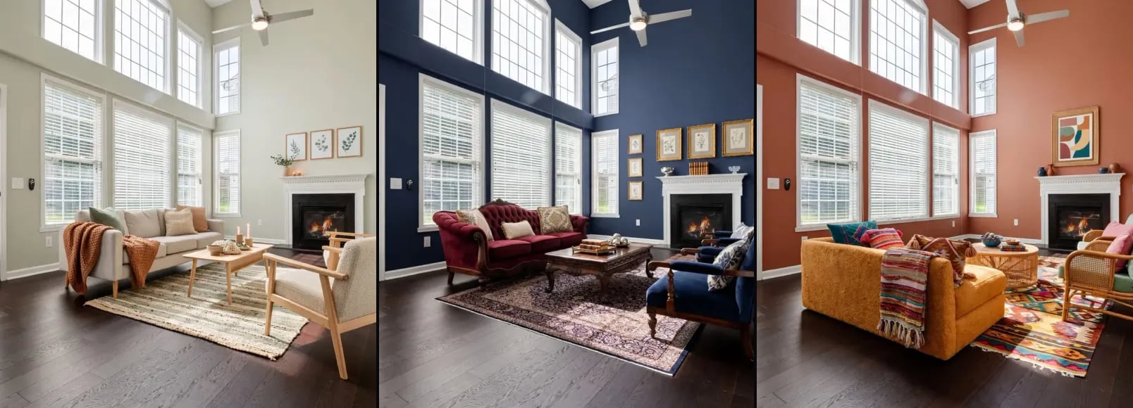 The same empty living room virtually staged three ways, side by side: Scandinavian, Traditional and Bohemian.