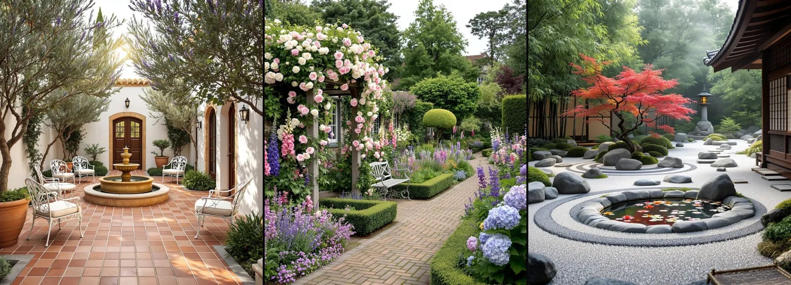 Three spaces from the AI Flip Room style library, side by side: a Mediterranean Outdoor backyard, an English Cottage backyard and a Japanese Zen Garden backyard.
