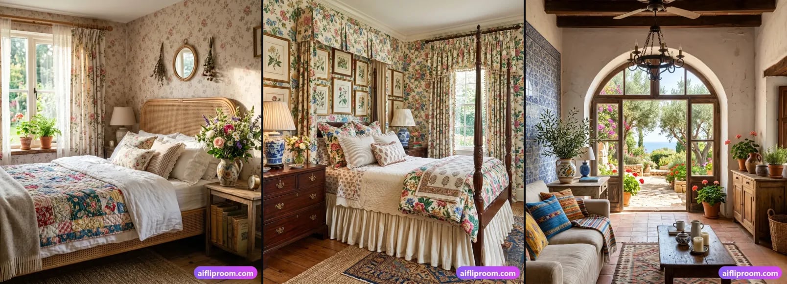 Three spaces from the AI Flip Room style library, side by side: a Cottagecore room, a Grandmillennial room and a Mediterranean room.