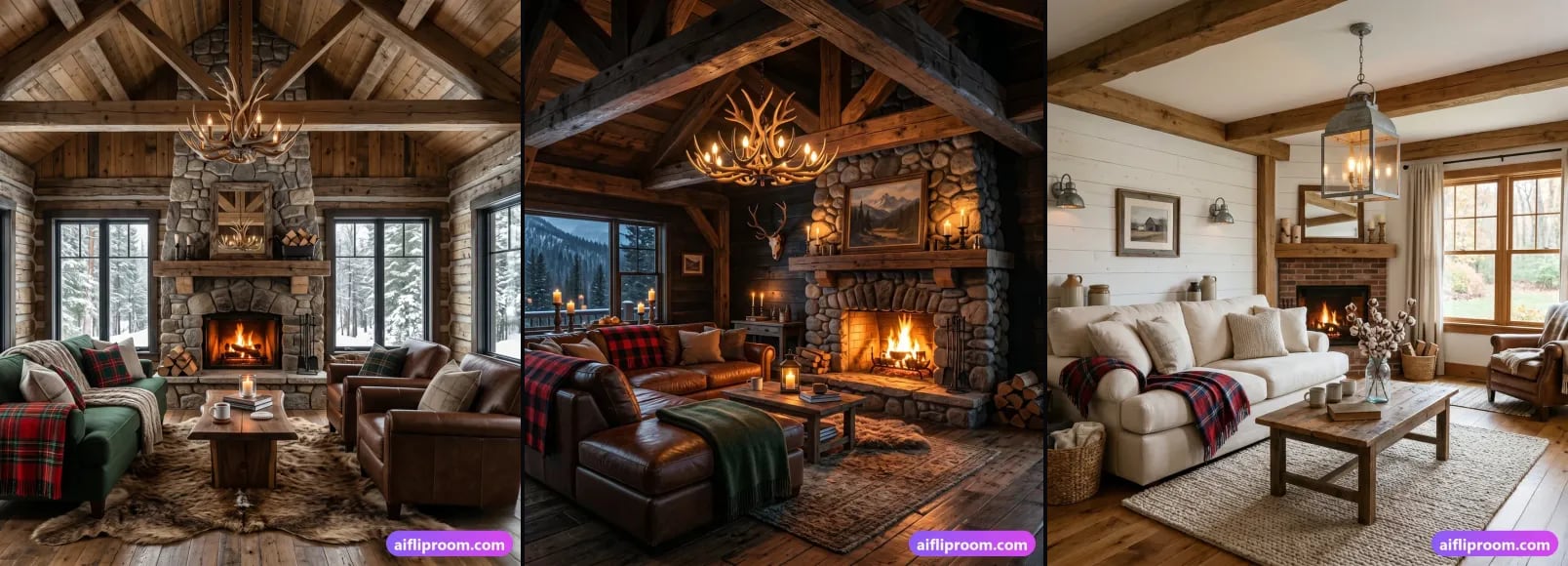 Three spaces from the AI Flip Room style library, side by side: a Canadian Cabin room, a Rustic room and a Farmhouse room.