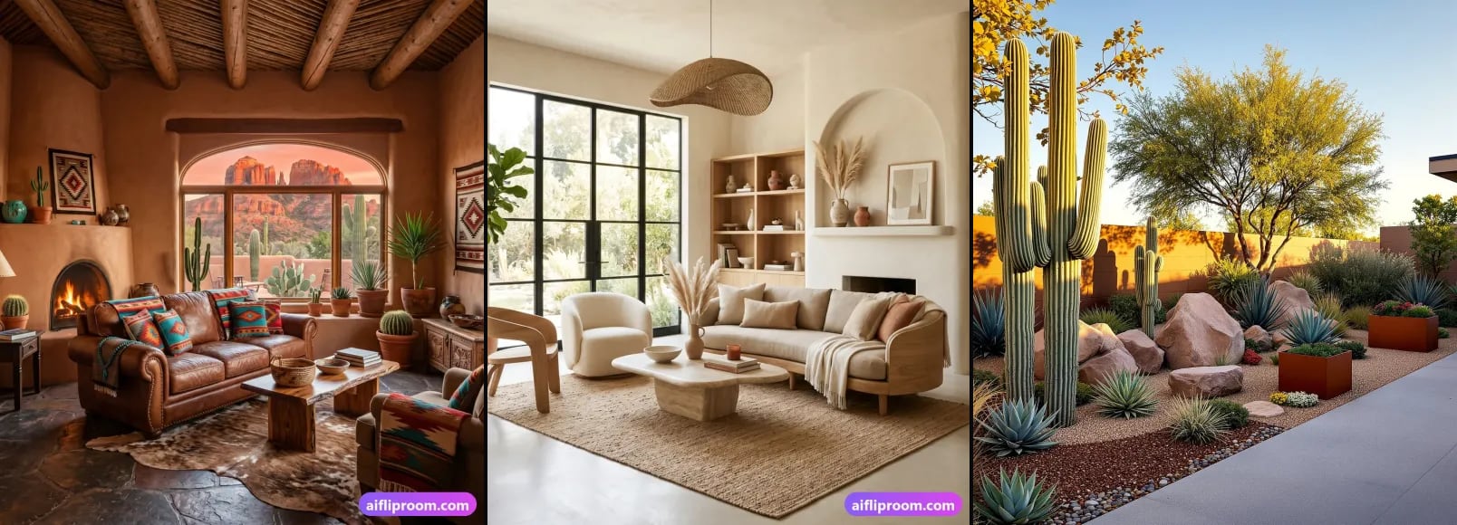 Three spaces from the AI Flip Room style library, side by side: a Southwestern room, an Organic Modern room and a Desert / Xeriscape backyard.