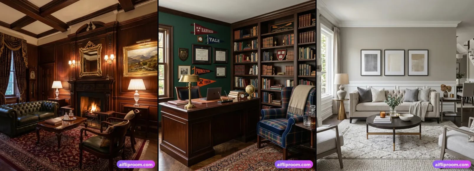 Three spaces from the AI Flip Room style library, side by side: a Traditional room, a Preppy / Ivy League room and a Transitional room.