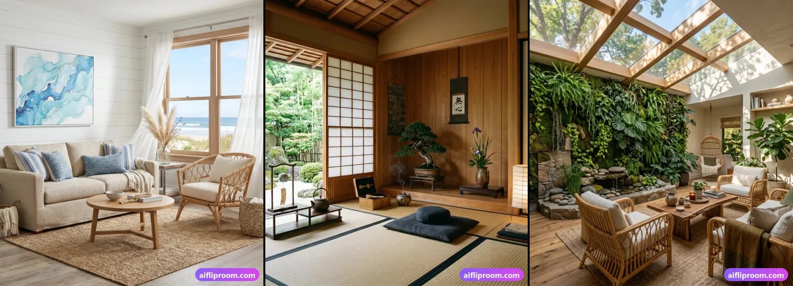 Three spaces from the AI Flip Room style library, side by side: a Coastal room, a Japanese Zen room and a Biophilic room.