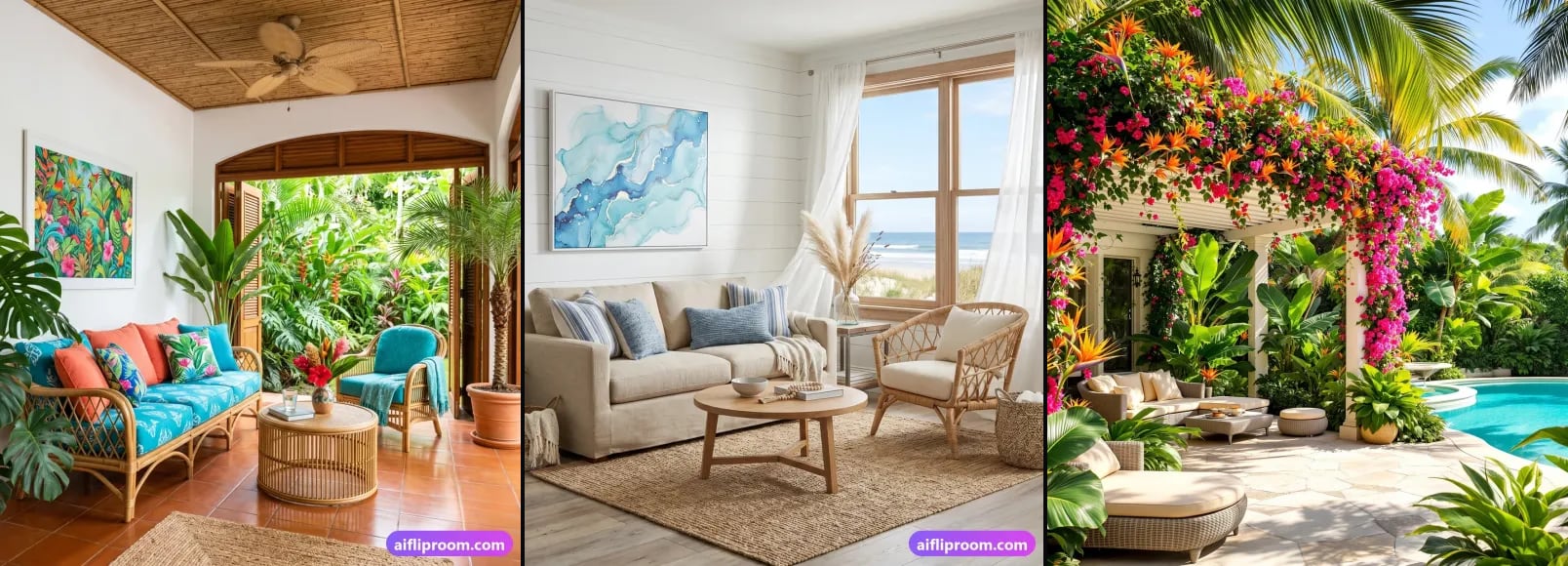 Three spaces from the AI Flip Room style library, side by side: a Tropical room, a Coastal room and a Tropical Outdoor backyard.