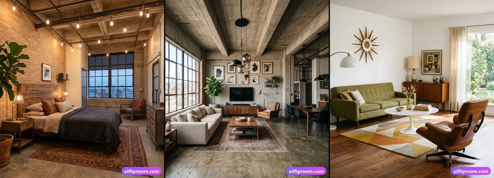 Three spaces from the AI Flip Room style library, side by side: an Industrial Chic room, an Urban Loft room and a Mid-Century room.