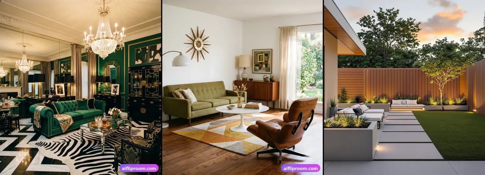 Three spaces from the AI Flip Room style library, side by side: a Hollywood Regency room, a Mid-Century room and a Modern Outdoor backyard.
