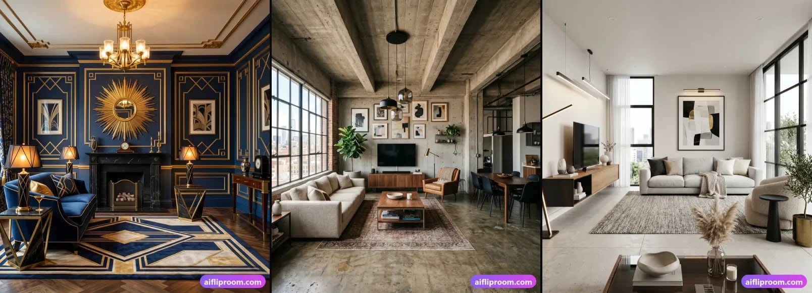 Three spaces from the AI Flip Room style library, side by side: an Art Deco room, an Urban Loft room and a Modern room.