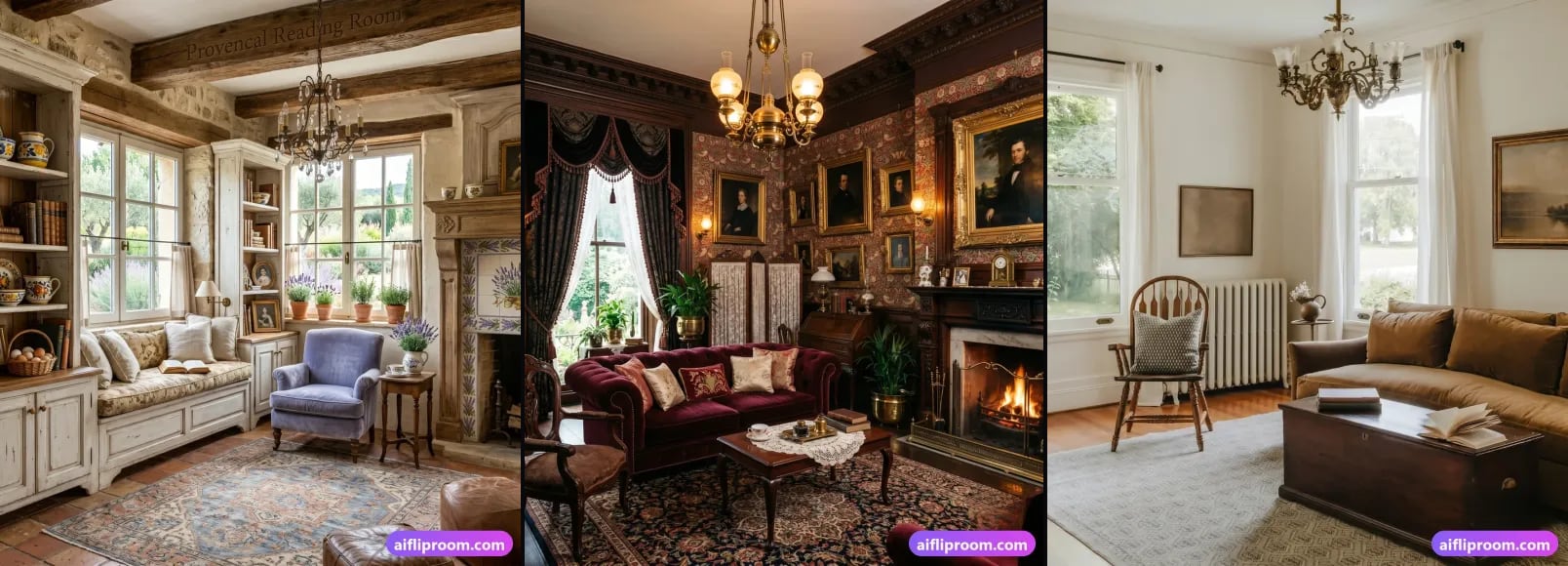Three spaces from the AI Flip Room style library, side by side: a French Country room, a Victorian room and a Vintage room.