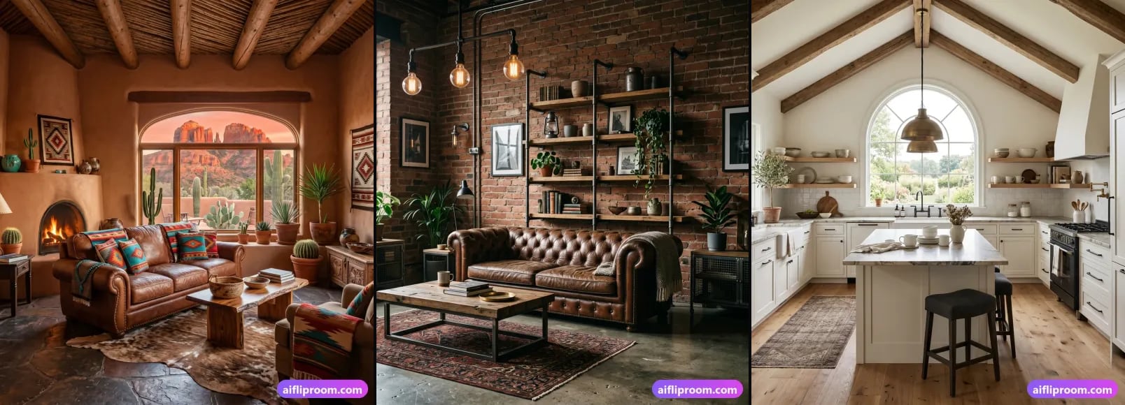 Three spaces from the AI Flip Room style library, side by side: a Southwestern room, an Industrial room and a Modern Farmhouse room.