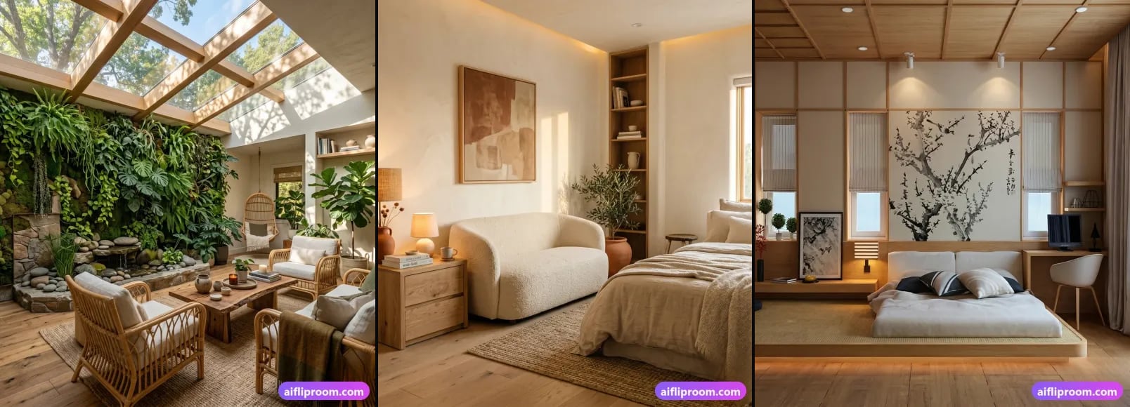 Three spaces from the AI Flip Room style library, side by side: a Biophilic room, a Warm Minimalist room and a Japandi room.