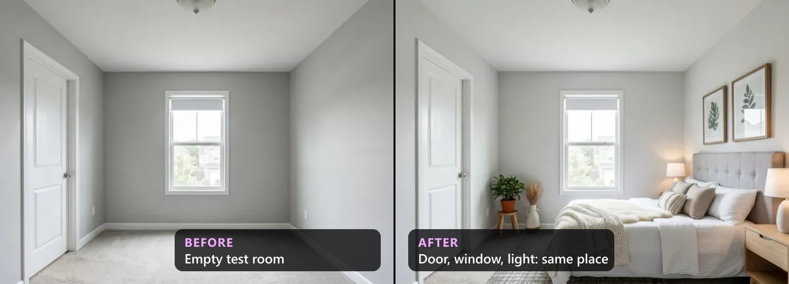 The same empty bedroom before and after virtual staging in a Scandinavian style: the door, the window with its roller shade and the ceiling light in the same place; a bed with a grey tufted headboard, two lamps, two framed leaf prints, a plant and a rug added.