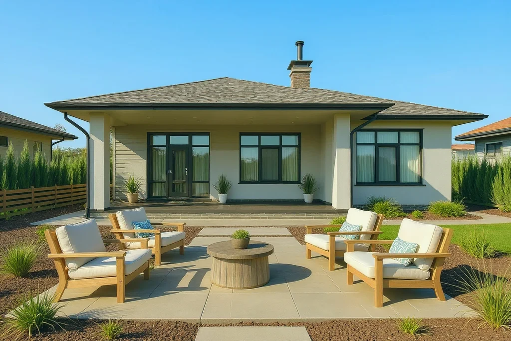 Coastal-inspired outdoor space staged with relaxed seating