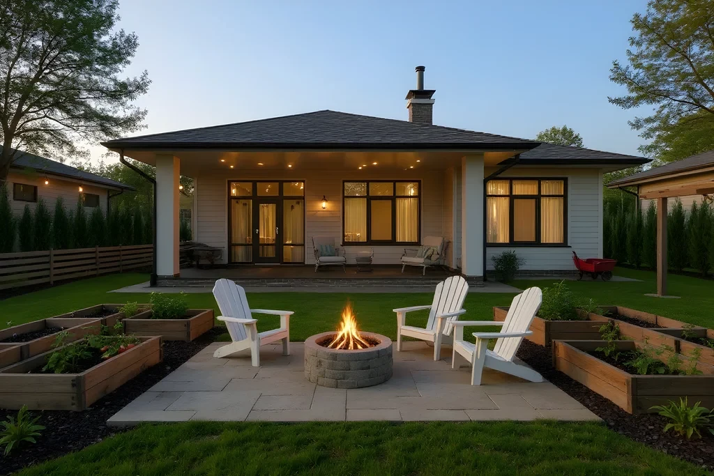 Modern farmhouse exterior and porch staged with warm natural materials
