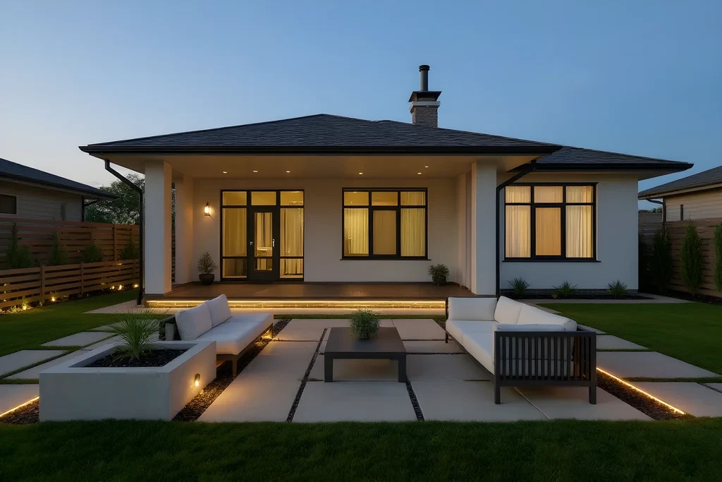 Modern backyard restaged with outdoor furniture and clean landscaping