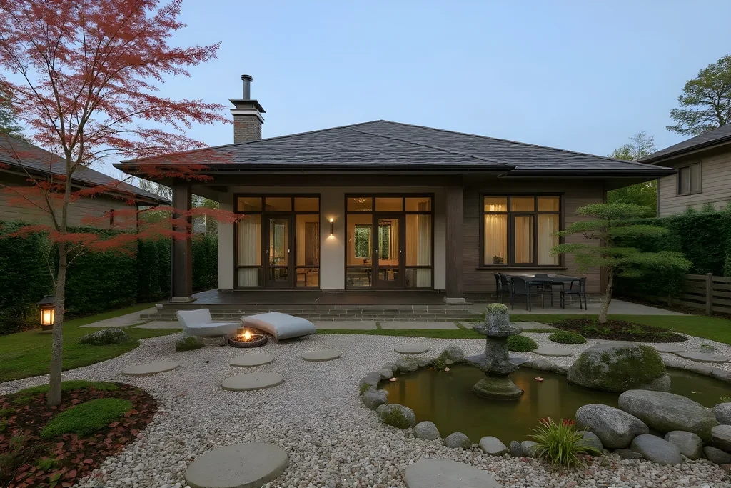 Zen garden concept with gravel, clean lines and simple plantings