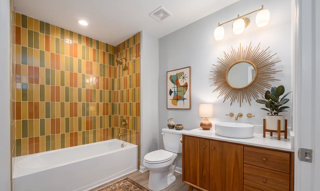 The same bathroom after AI virtual staging in the Mid-Century style