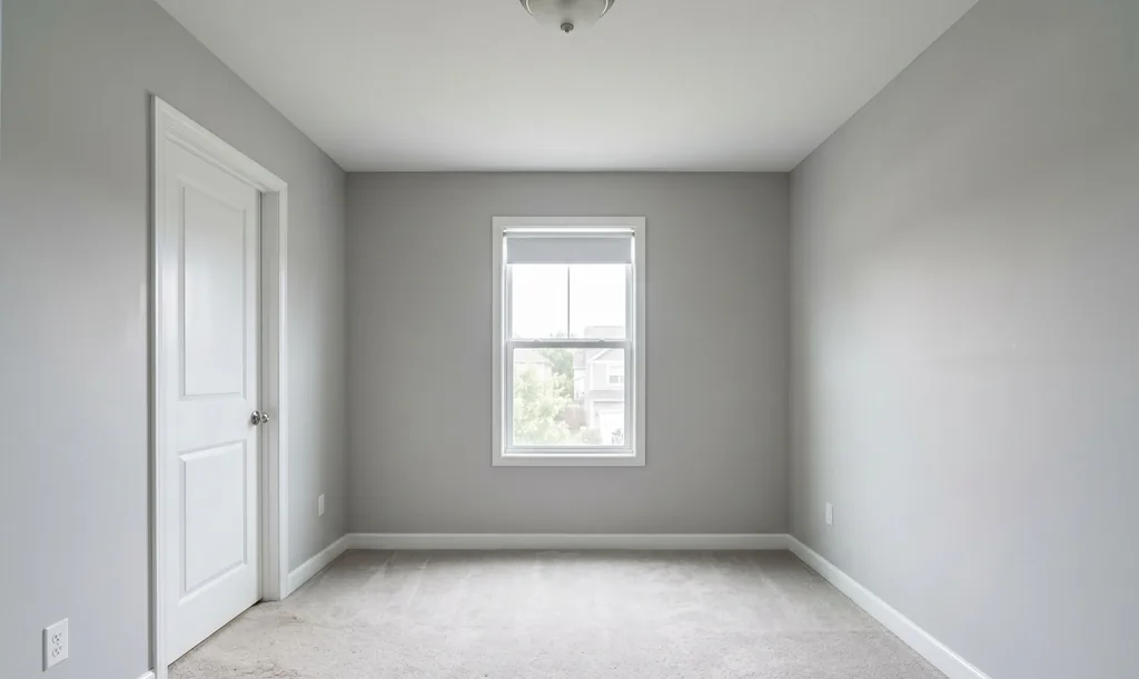 An empty bedroom with grey walls, a white panel door on the left, one double-hung window with a roller shade, a flush ceiling light and beige carpet.