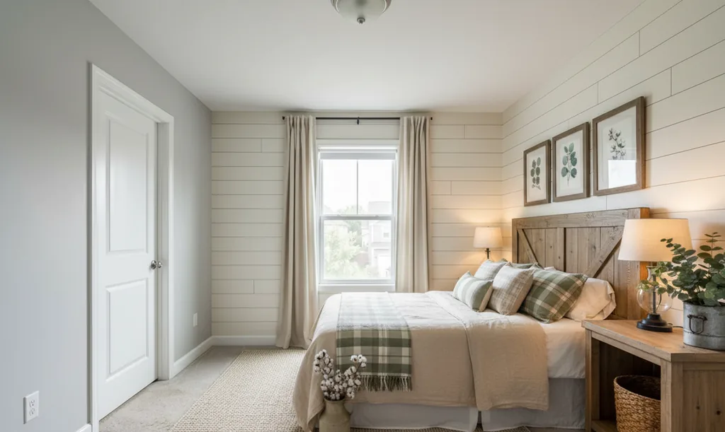 The same bedroom after AI virtual staging in the Farmhouse style