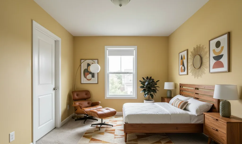 The same bedroom after AI virtual staging in the Mid-Century style