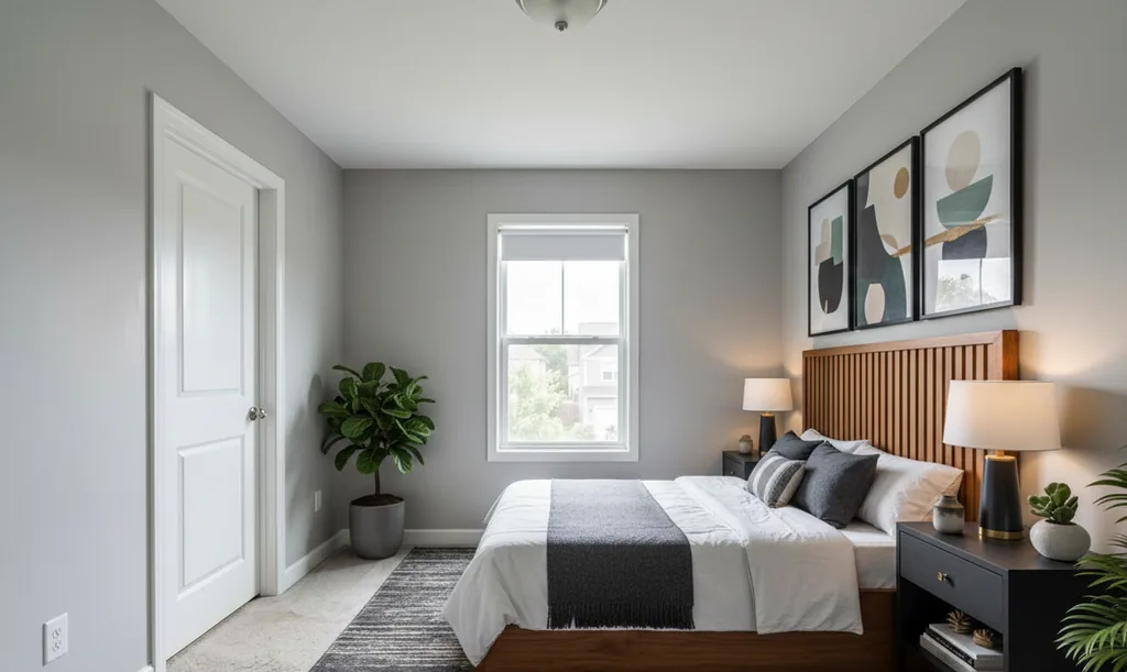 The same bedroom virtually staged in the Modern style: a wood slat headboard with white bedding, black nightstands with lamps, three framed prints above the bed, a grey rug and a fiddle-leaf fig beside the window; the window, door, ceiling light, walls and carpet are unchanged.