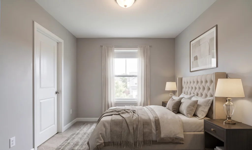 The same bedroom after AI virtual staging in the Transitional style