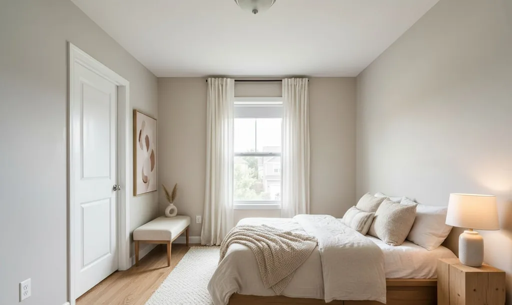 The same bedroom after AI virtual staging in the Warm Minimalist style