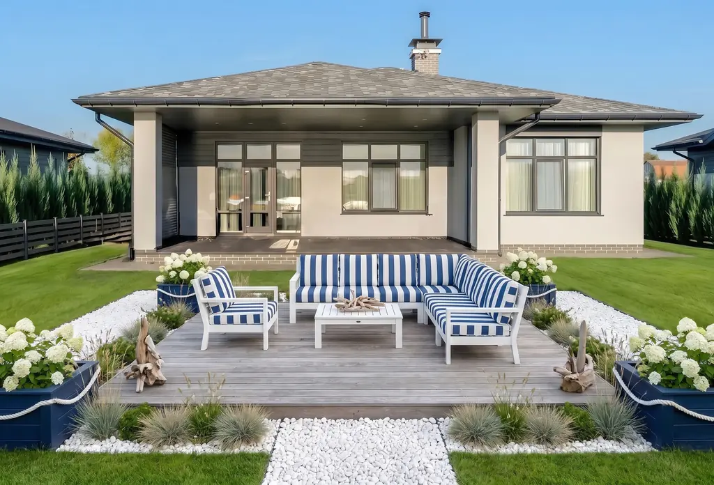 The same backyard after AI virtual staging in the Coastal style
