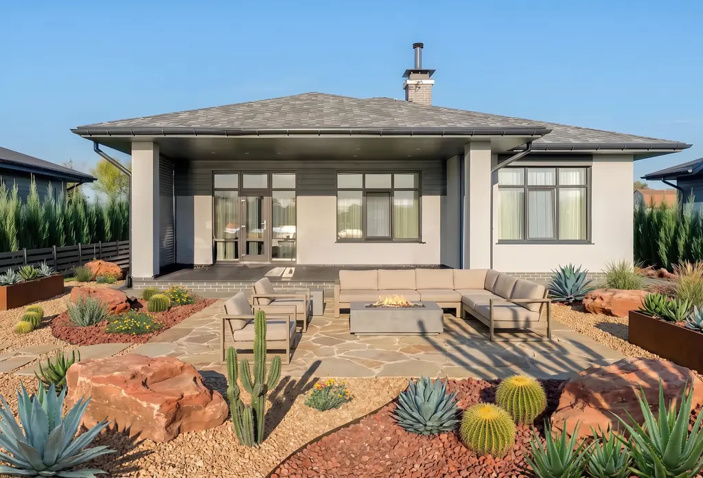 The same backyard after AI virtual staging in the Desert style