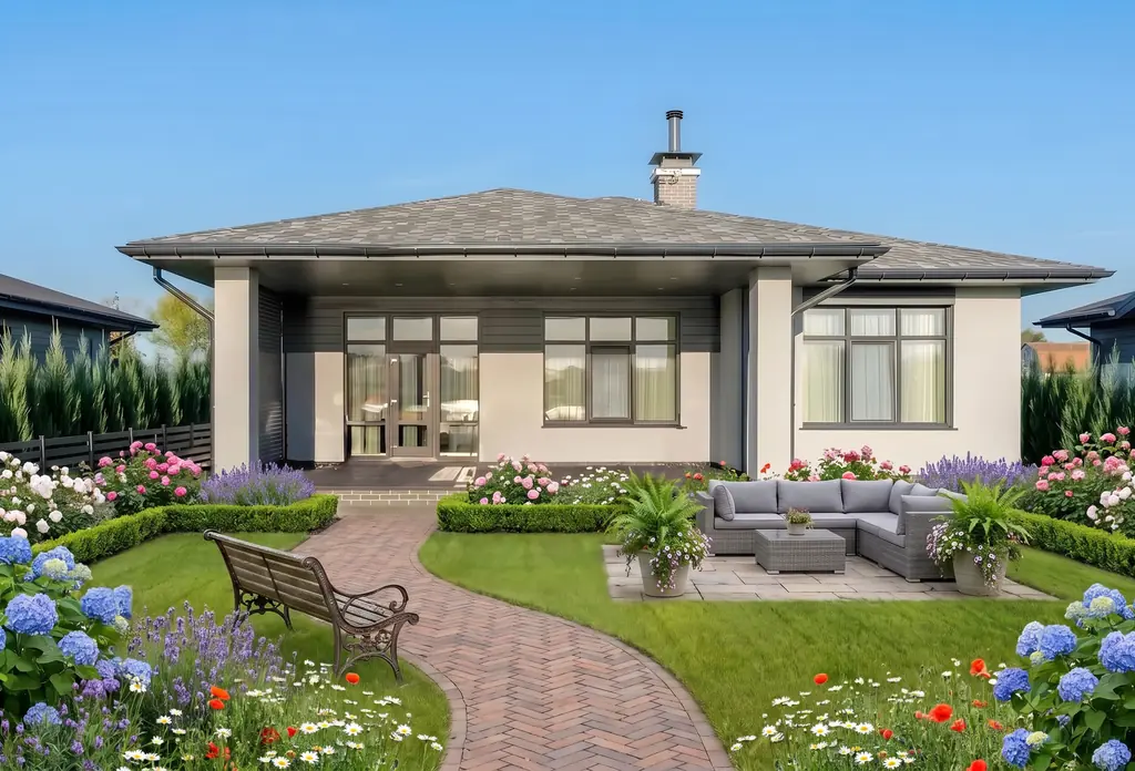 The same backyard after AI virtual staging in the English Cottage style
