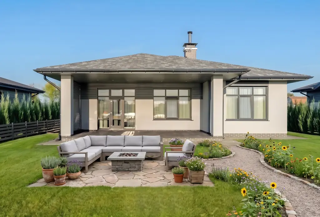 The same backyard after AI virtual staging in the Farmhouse style