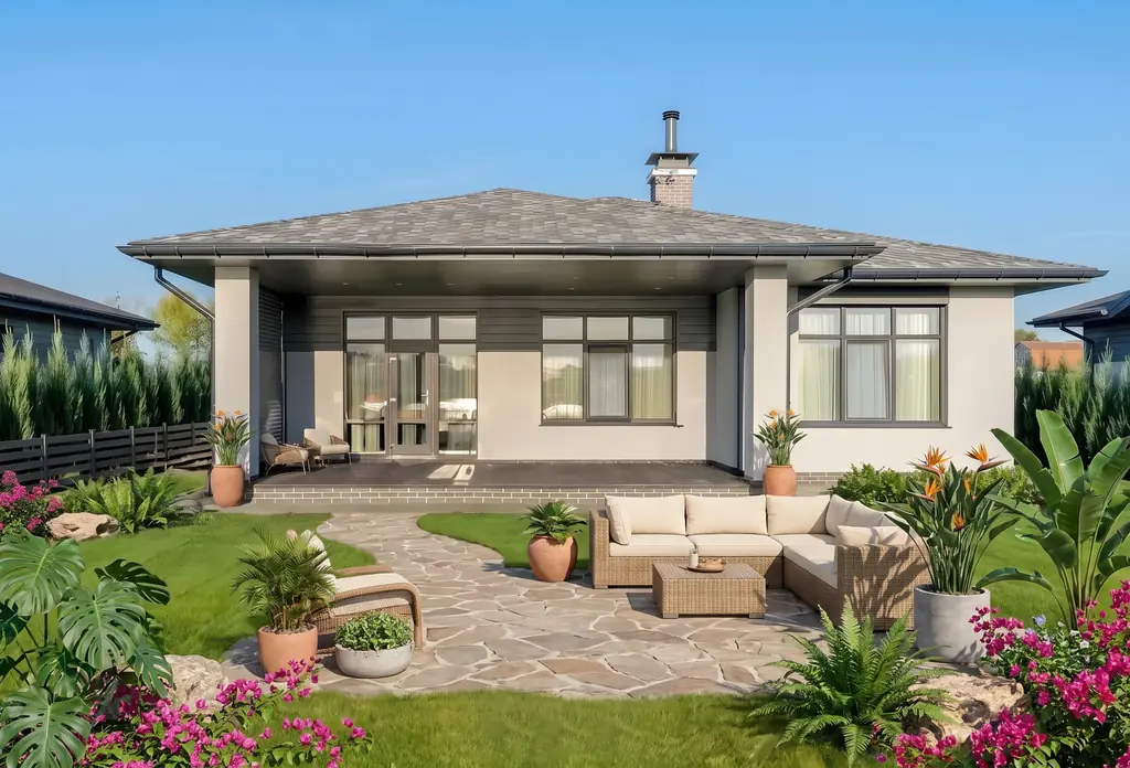 The same backyard after AI virtual staging in the Tropical style