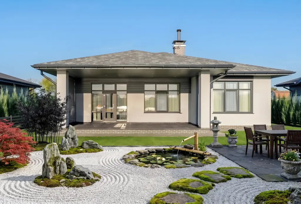 The same backyard after AI virtual staging in the Zen Garden style