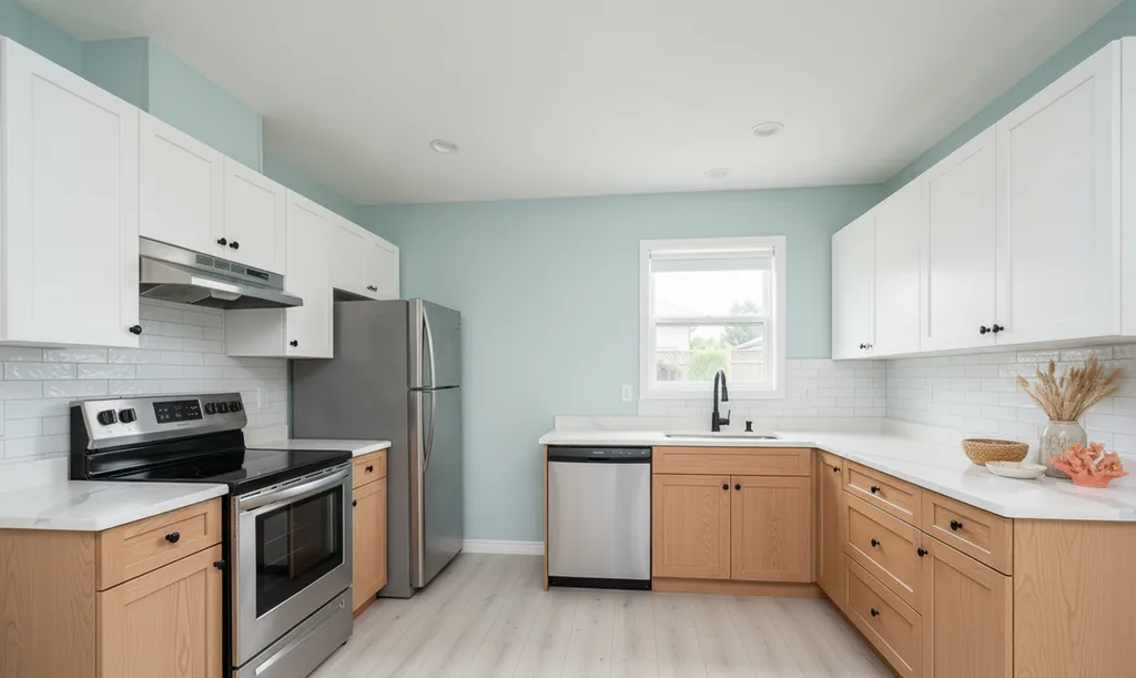 The same kitchen after AI virtual staging in the Coastal style