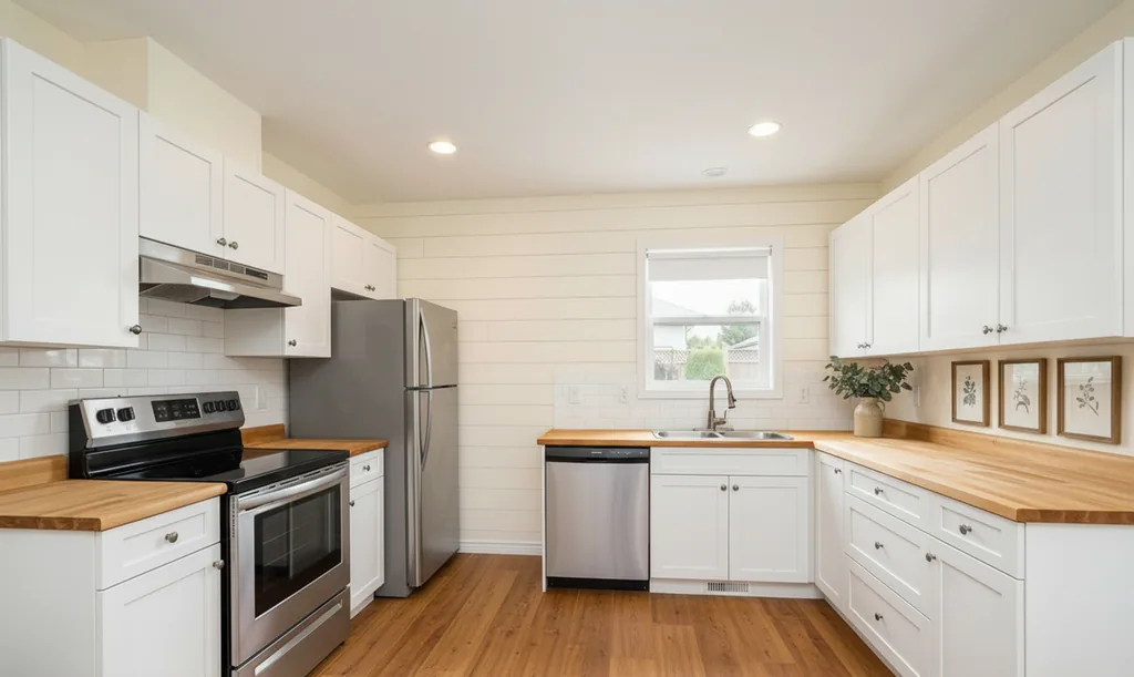 The same kitchen after AI virtual staging in the Farmhouse style