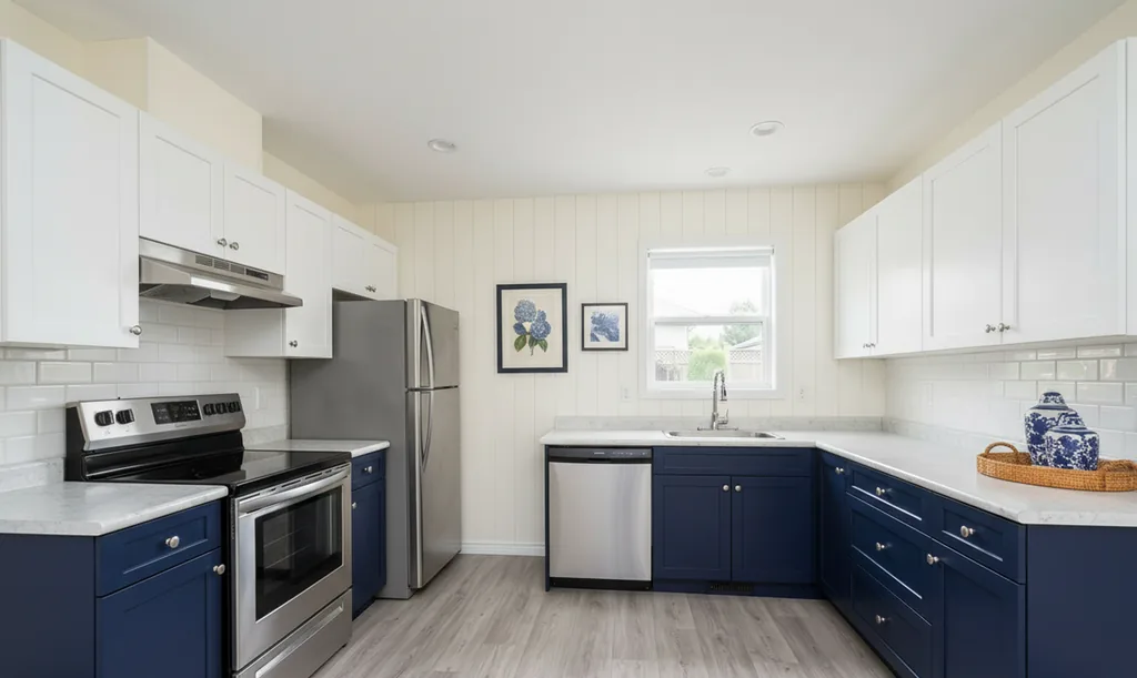 The same kitchen after AI virtual staging in the Hamptons style