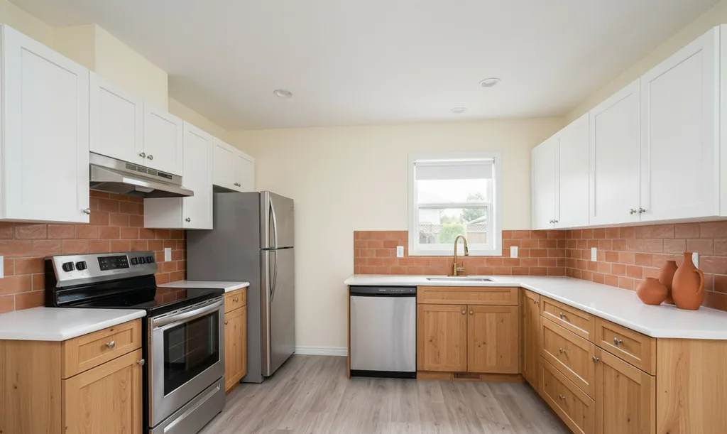 The same kitchen after AI virtual staging in the Warm Minimalist style