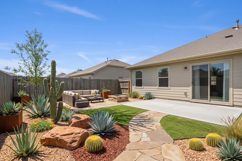 The same backyard after AI virtual staging in the Desert style