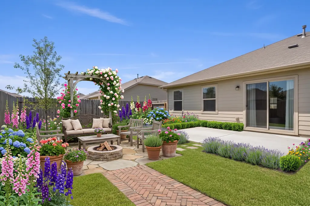 The same backyard after AI virtual staging in the English Cottage style
