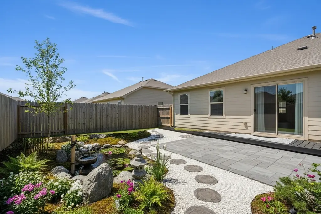 The same backyard after AI virtual staging in the Zen Garden style