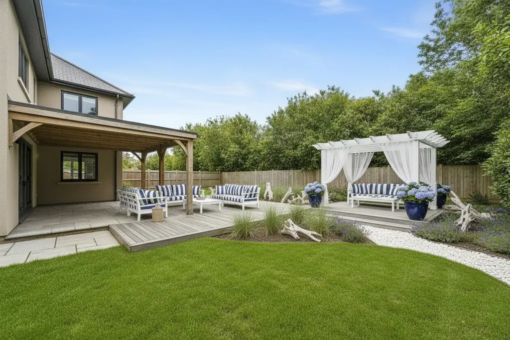The same backyard after AI virtual staging in the Coastal style