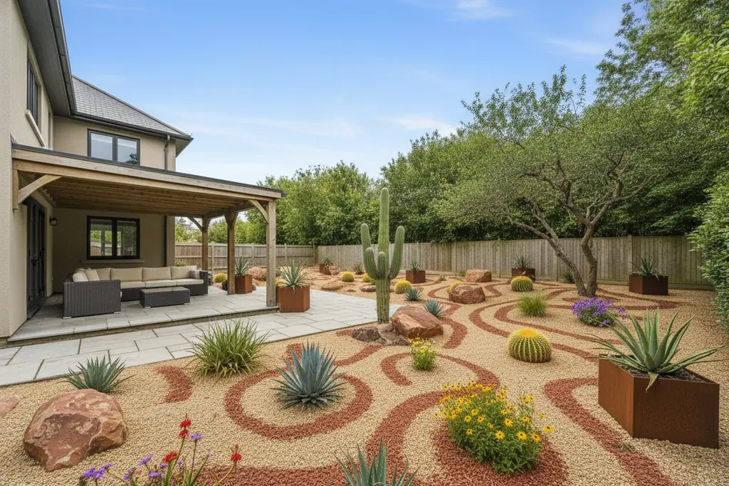 The same backyard after AI virtual staging in the Desert style